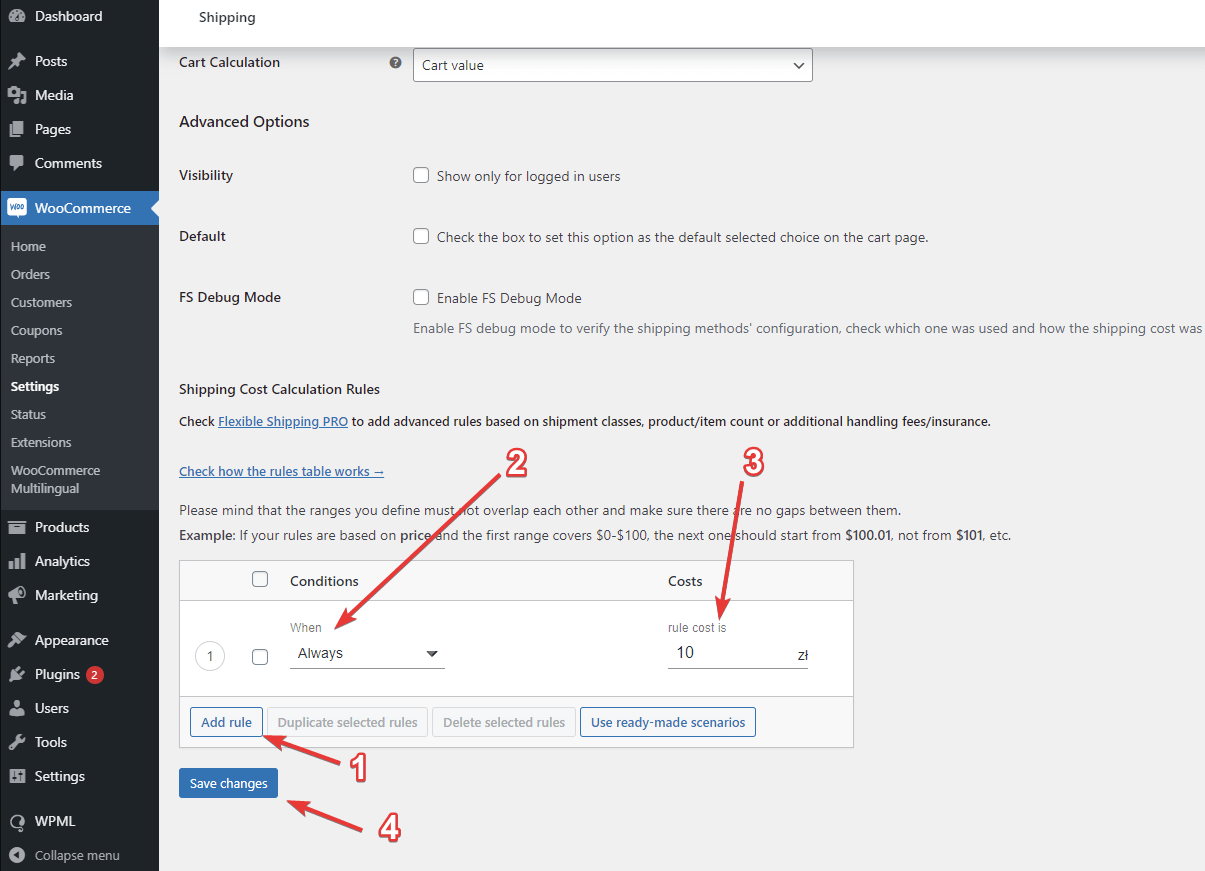 Costo de envío para el método de envío flexible