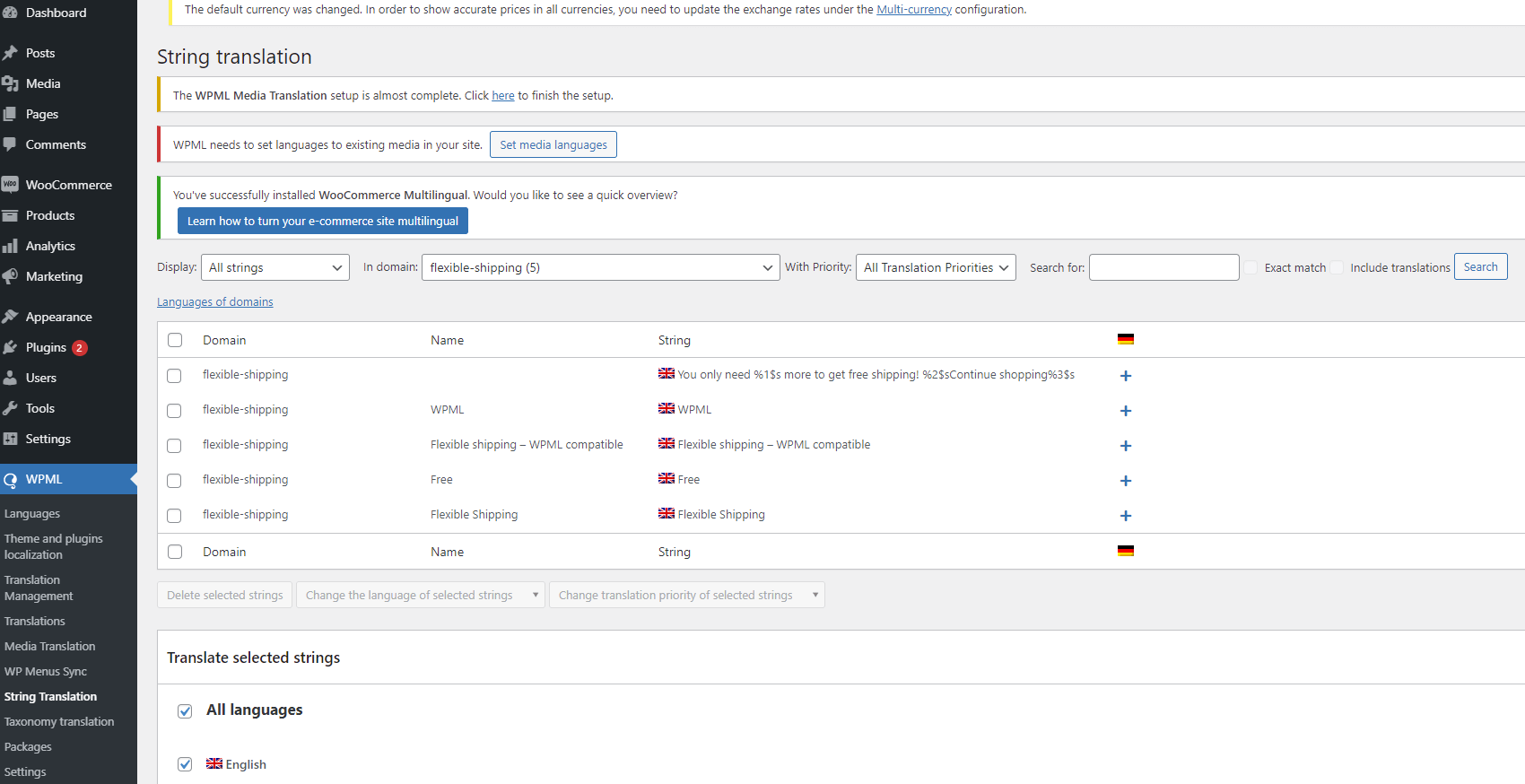 traducción de cadenas desde el plugin de envío flexible