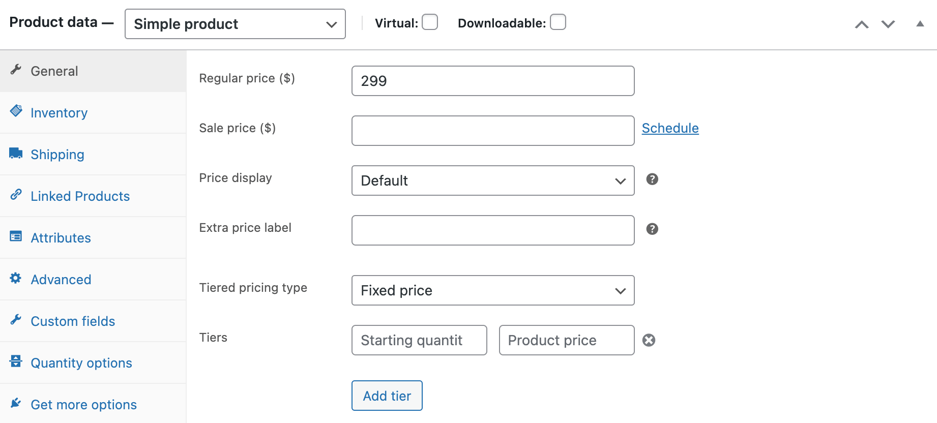 Configuración general del producto en WooCommerce