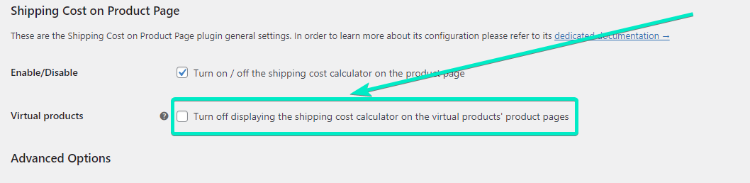 Ocultar la calculadora de costos de envío en las páginas de productos de los productos virtuales.