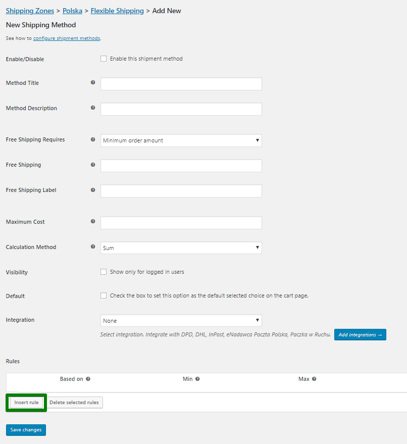 Insertar regla en un nuevo método de envío de WooCOmmerce