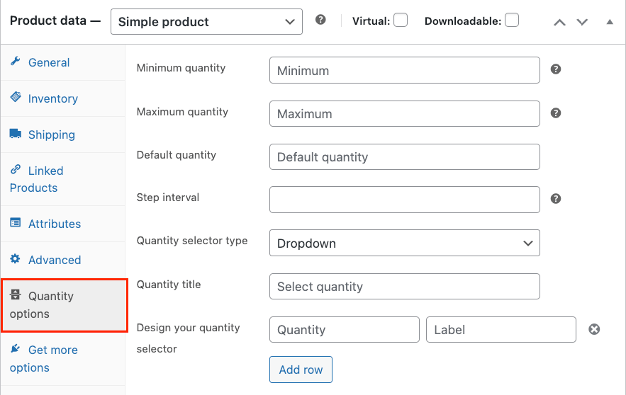 Reglas de cantidad para un producto específico.