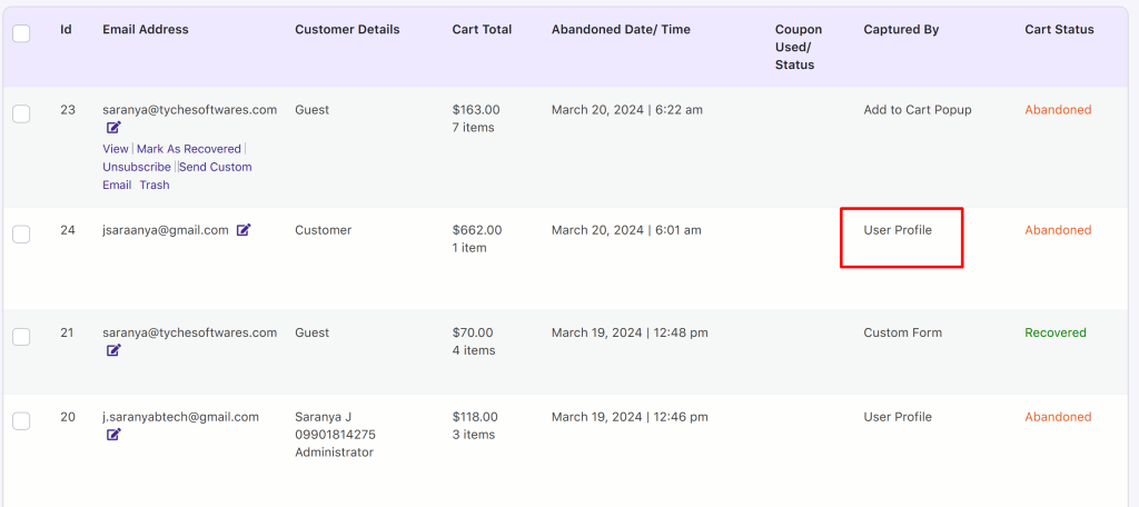 ¿Cómo capturar la dirección de correo electrónico de los campos personalizados en el plugin del carrito abandonado de WooCommerce?  - Softwares Tyche