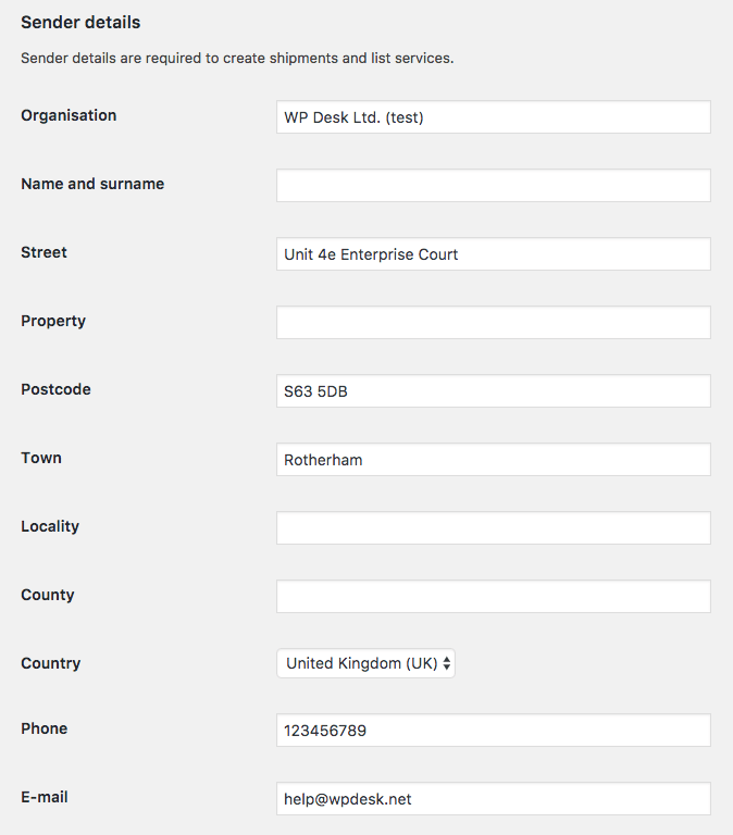 Detalles del remitente en DPD Local WooCommerce