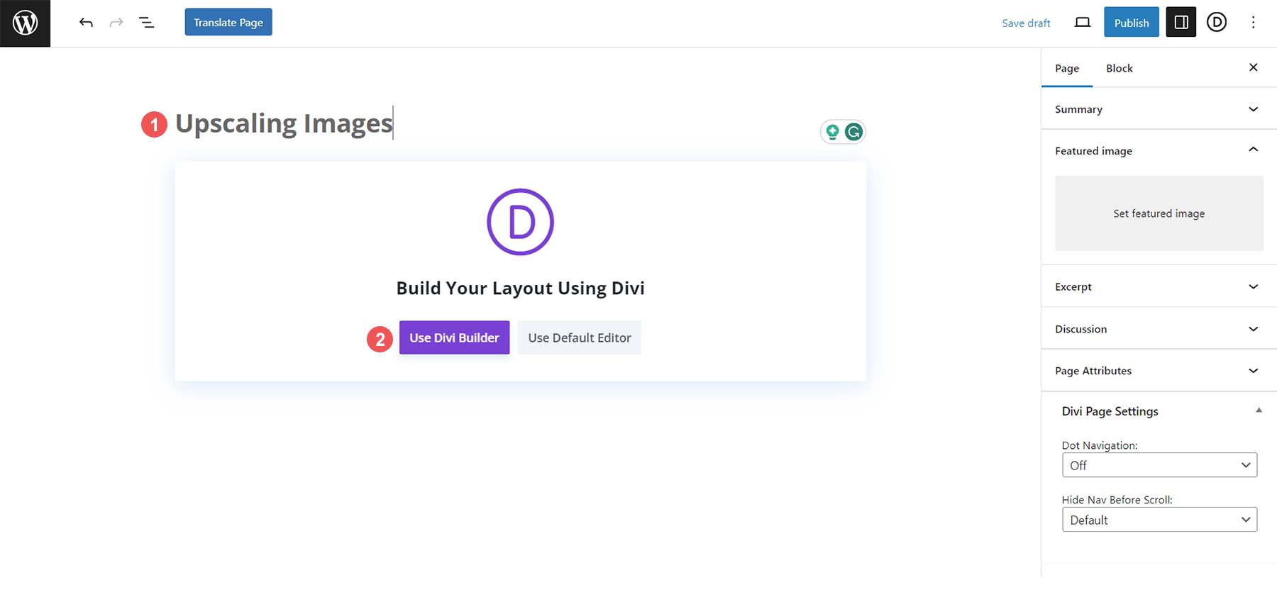 Configurar una nueva página para mejorar imágenes con Divi AI