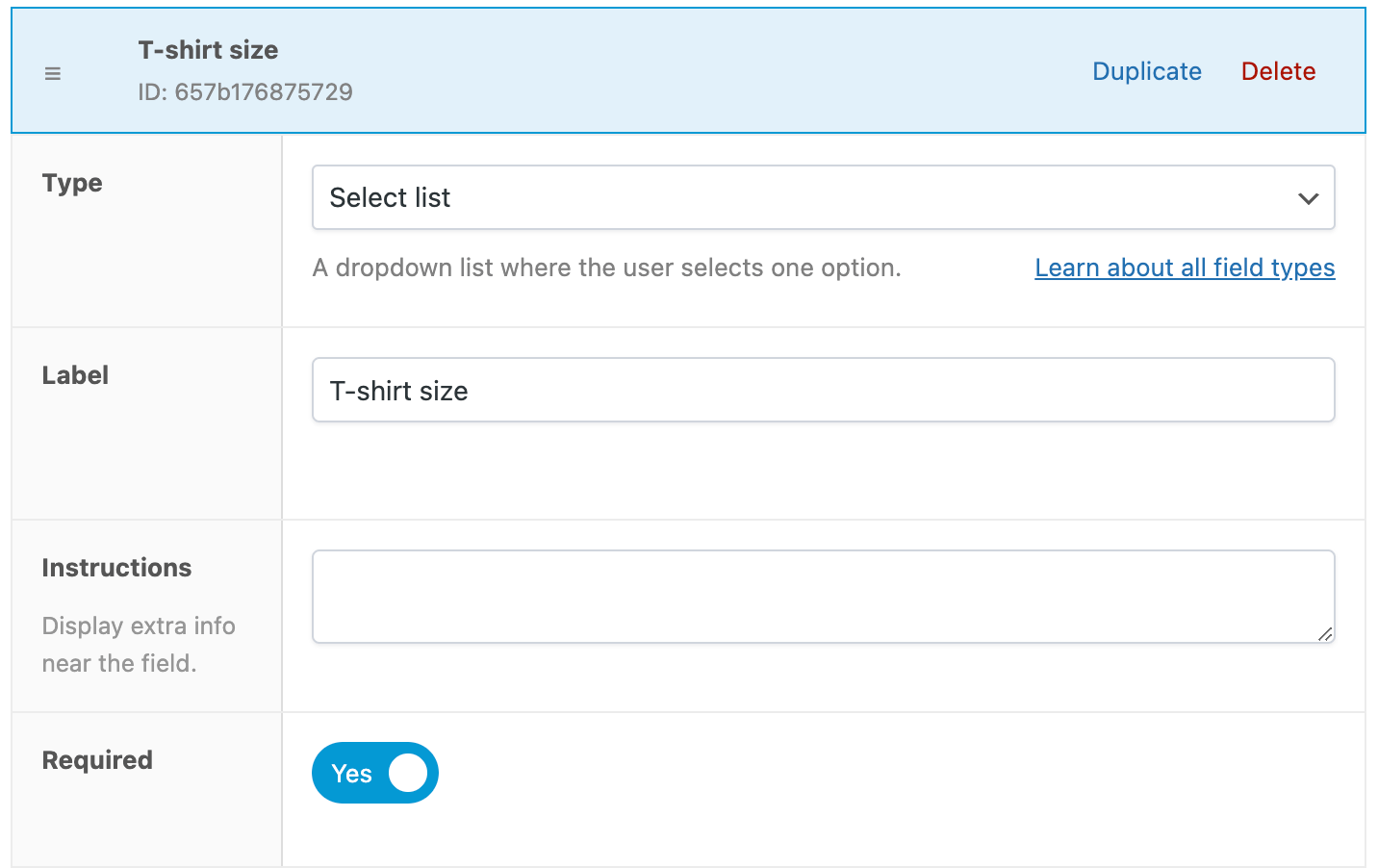 Configuración de campos personalizados: tipo, etiqueta, instrucciones, obligatorio