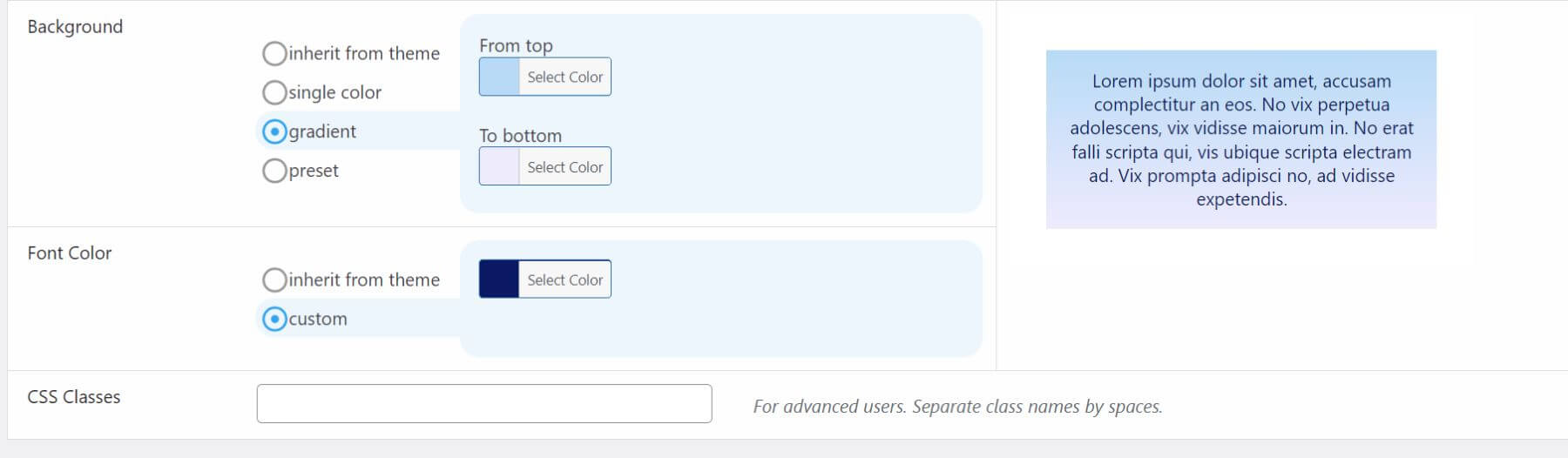 opciones de color de fuente y fondo del testimonio