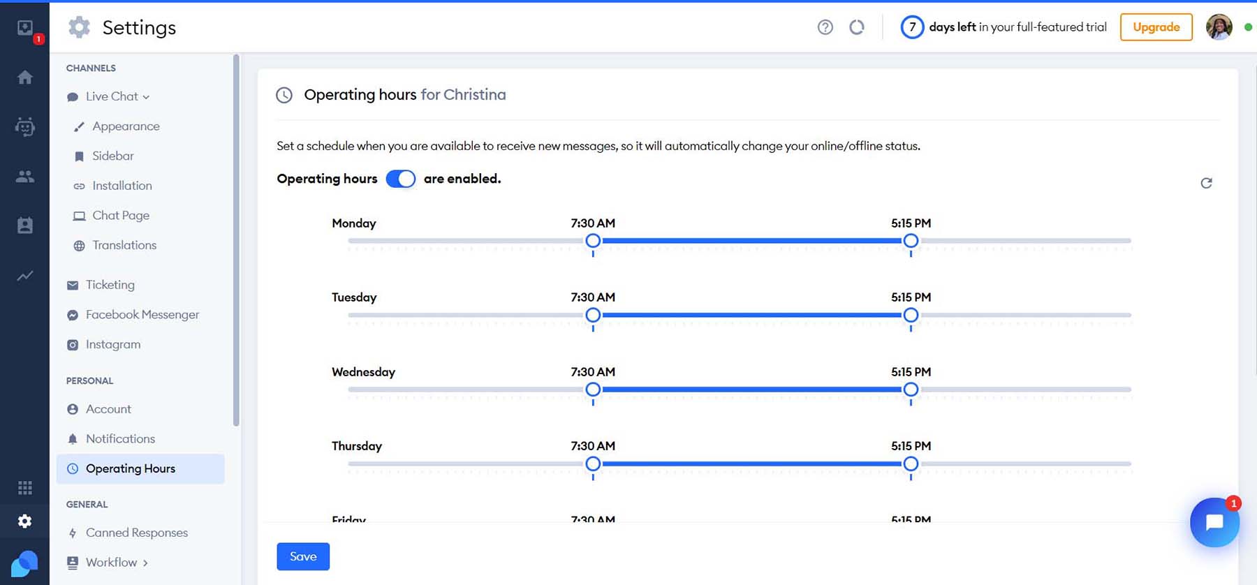 Establece el horario de funcionamiento de tu chat en vivo