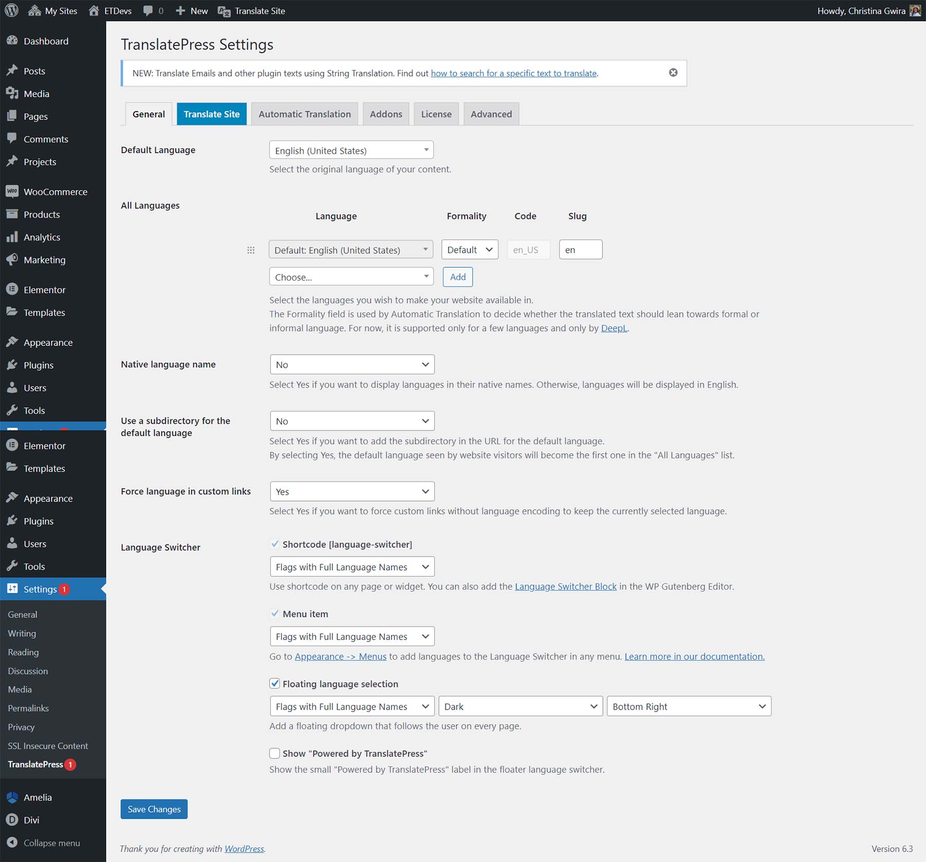 La configuración predeterminada de TranslatePress