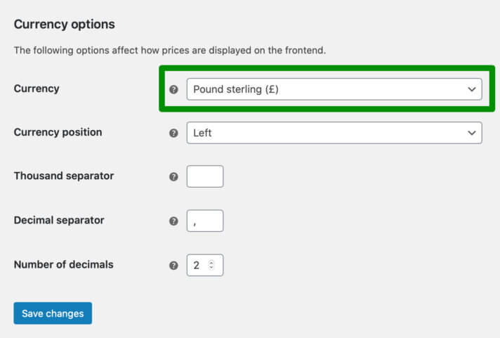 Opciones de moneda de WooCommerce