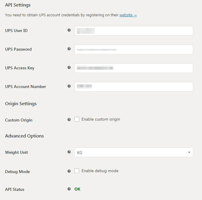 Configuración de API: plugin de envío UPS WooCommerce (captura de pantalla)