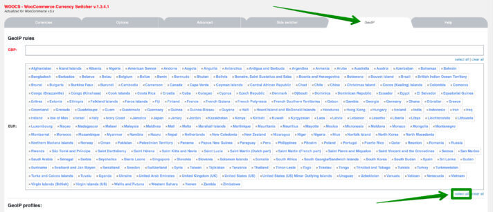 Pestaña GeoIP del conmutador de divisas WOOCS
