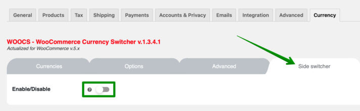 Conmutador de divisas WOOCS: pestaña de conmutador lateral