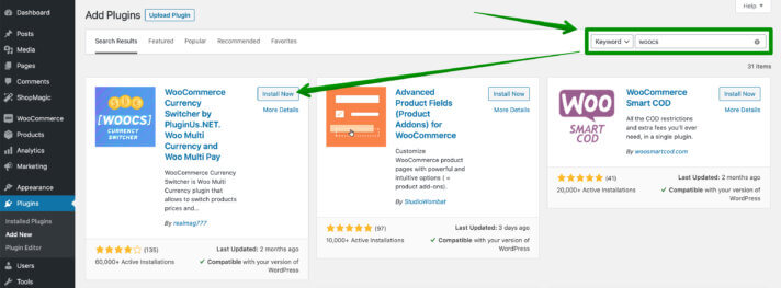 Instalación de WOOCS Currency Switcher mediante el instalador del plugin de WordPress