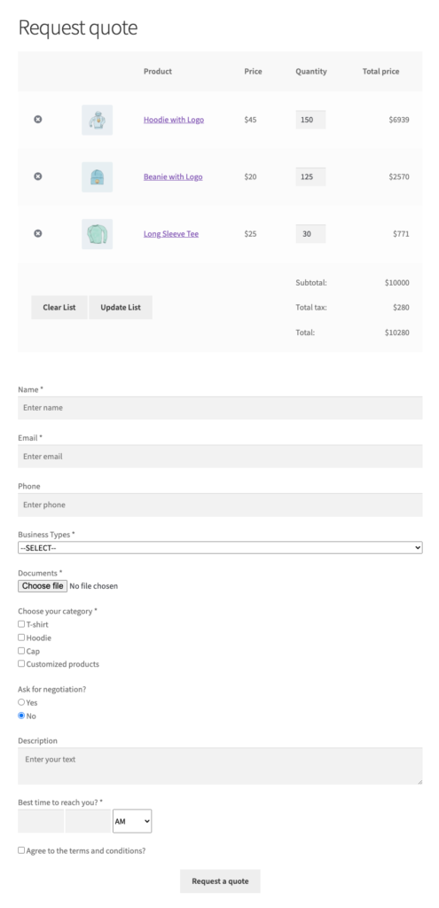 WooCommerce solicita una página de formulario de cotización