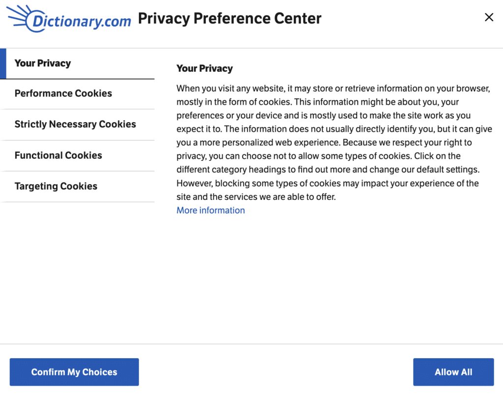 Banner de consentimiento de cookies en Dictionary.com