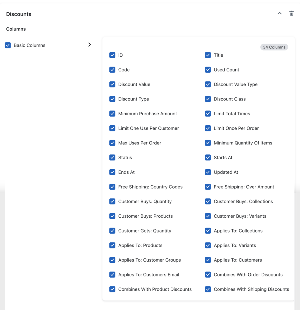 Campos de datos de descuento