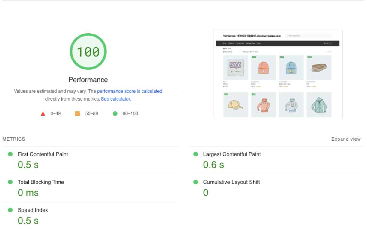 Ejemplo de resultados en PageSpeed ​​Insights