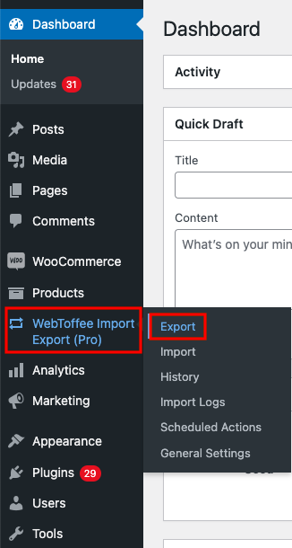 Opción de exportación en WebToffee Import Export (Pro)