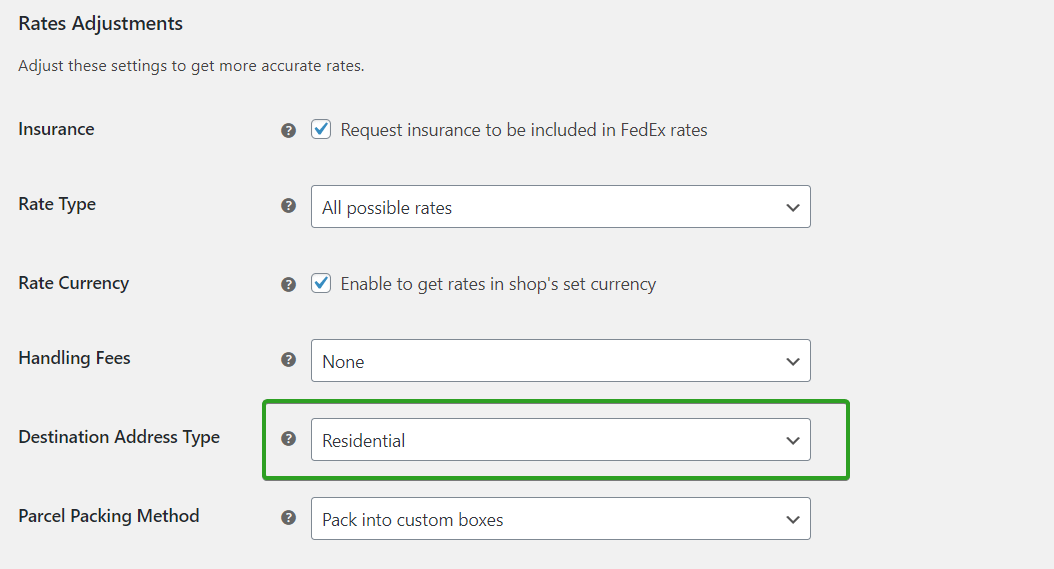 FedEx WooCommerce: tipo de dirección de destino