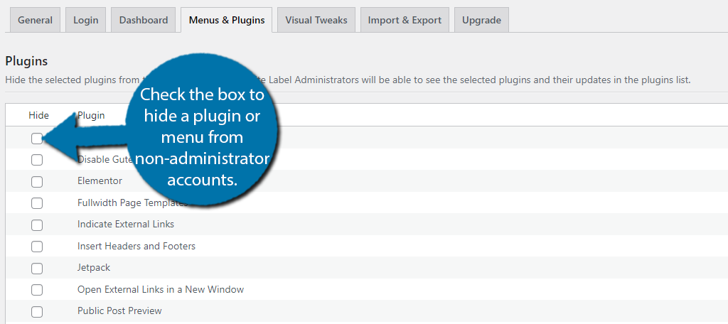 Seleccione qué plugins y menús ocultar