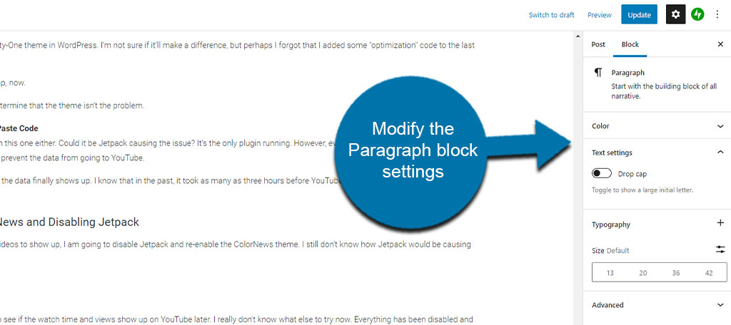 Configuración de bloque de párrafo