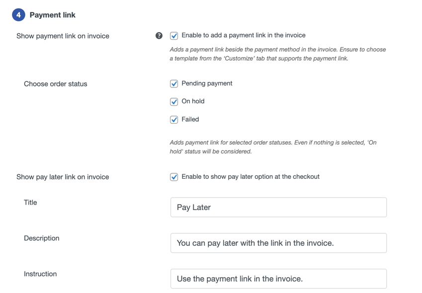 Configuración del enlace de pago para facturas PDF de WooCommerce