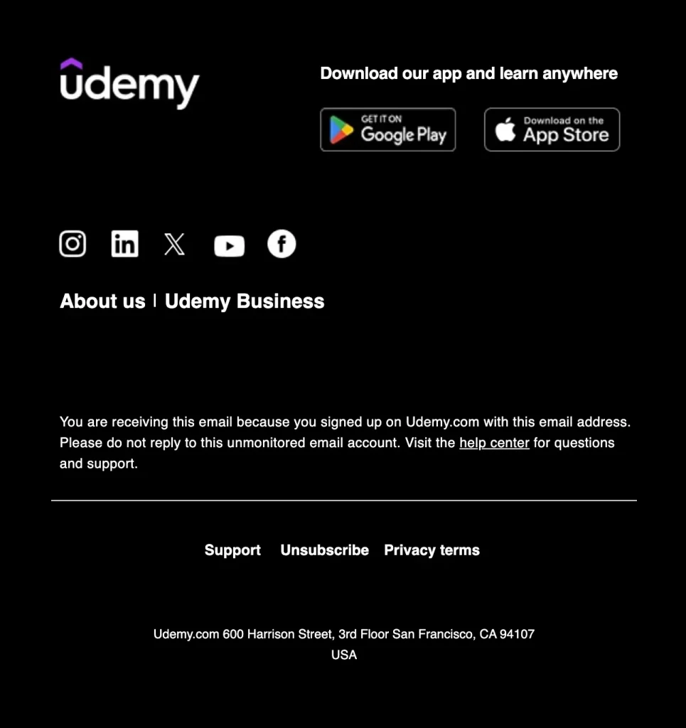 ejemplo de pie de página de correo electrónico de udemy