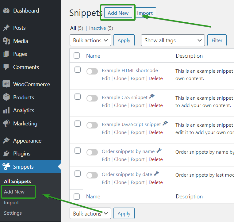 agregar un nuevo fragmento en el plugin Fragmentos de código