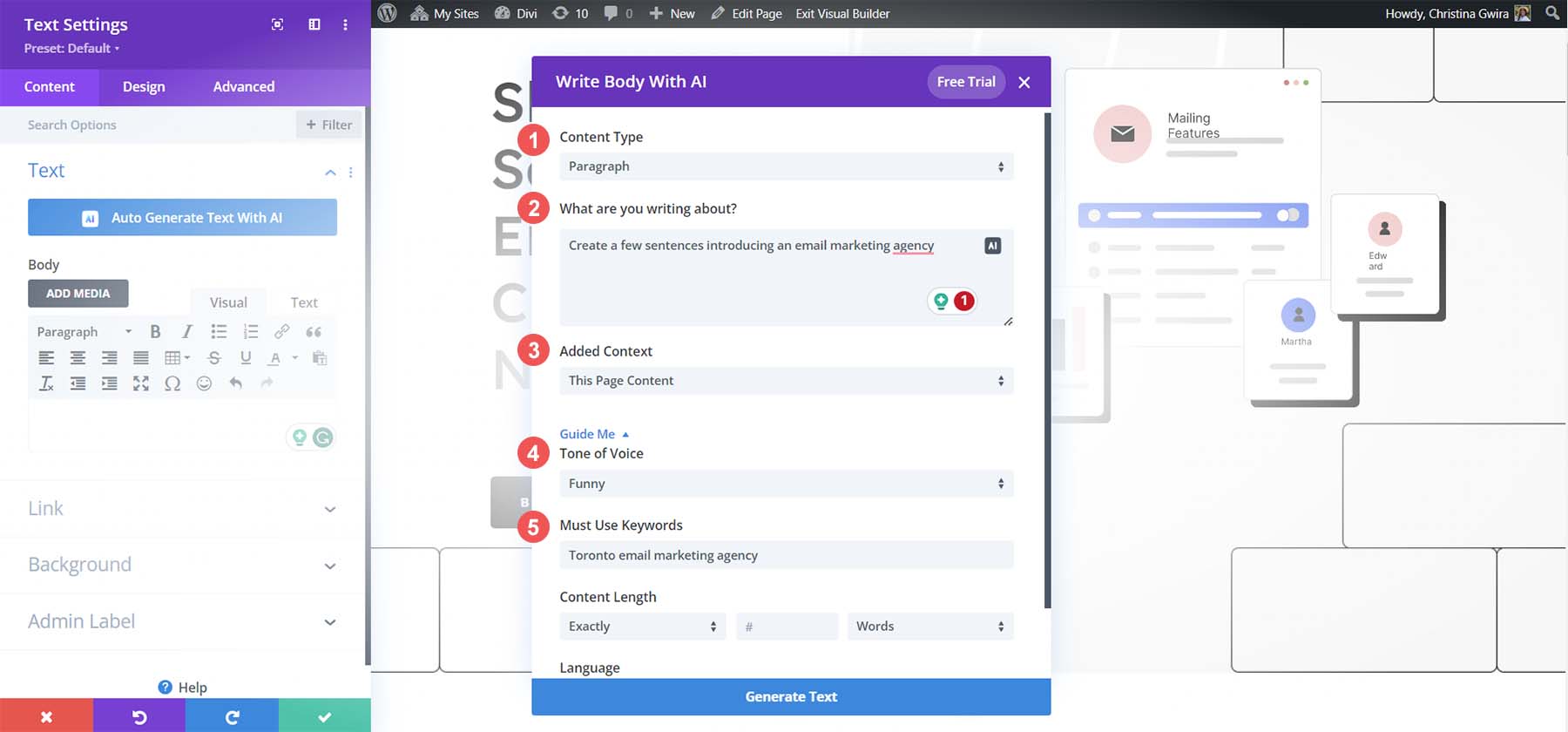 Agrega tu configuración a Divi AI para generar contenido