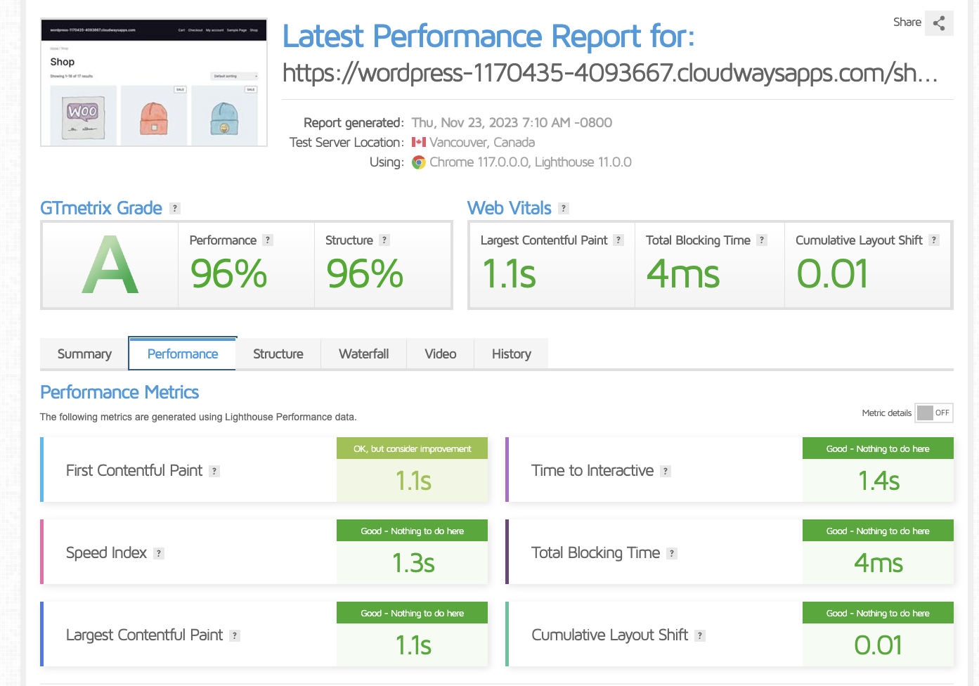 Métricas de GTMetrix para el tema de WordPress Avada