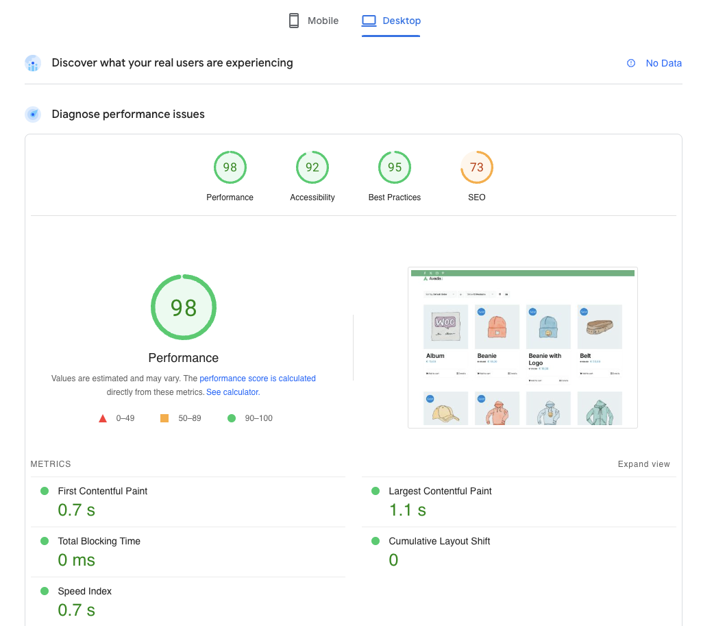 Métricas de PageSpeed ​​Insights para el tema de WordPress Avada