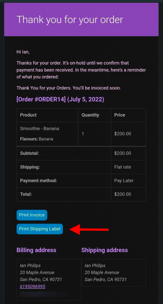 imagen final del correo electrónico del pedido con el botón Imprimir etiqueta de envío