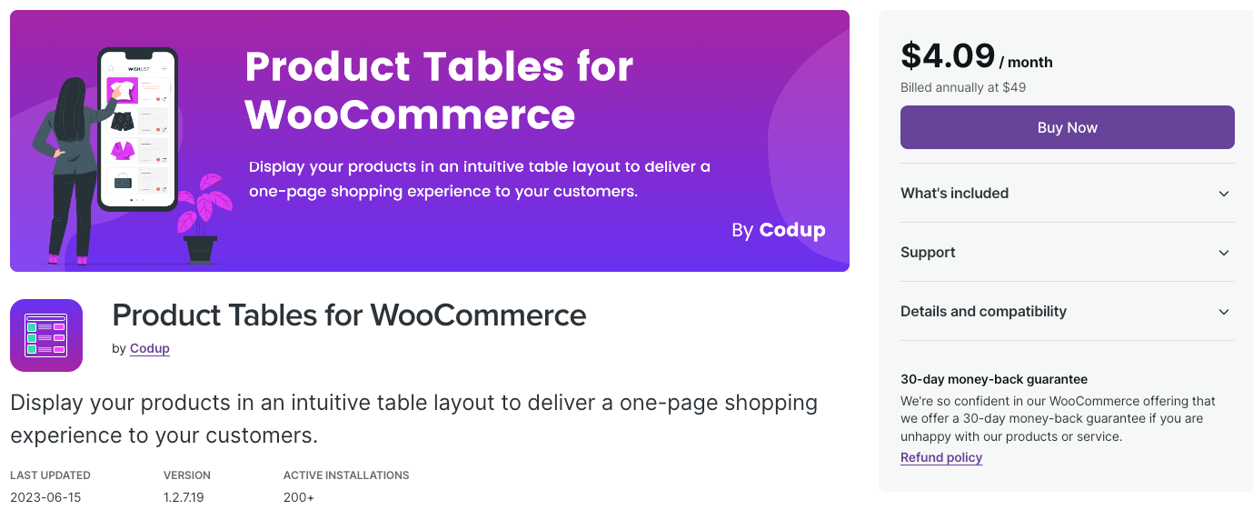 Página de descarga de tablas de productos para WooCommerce