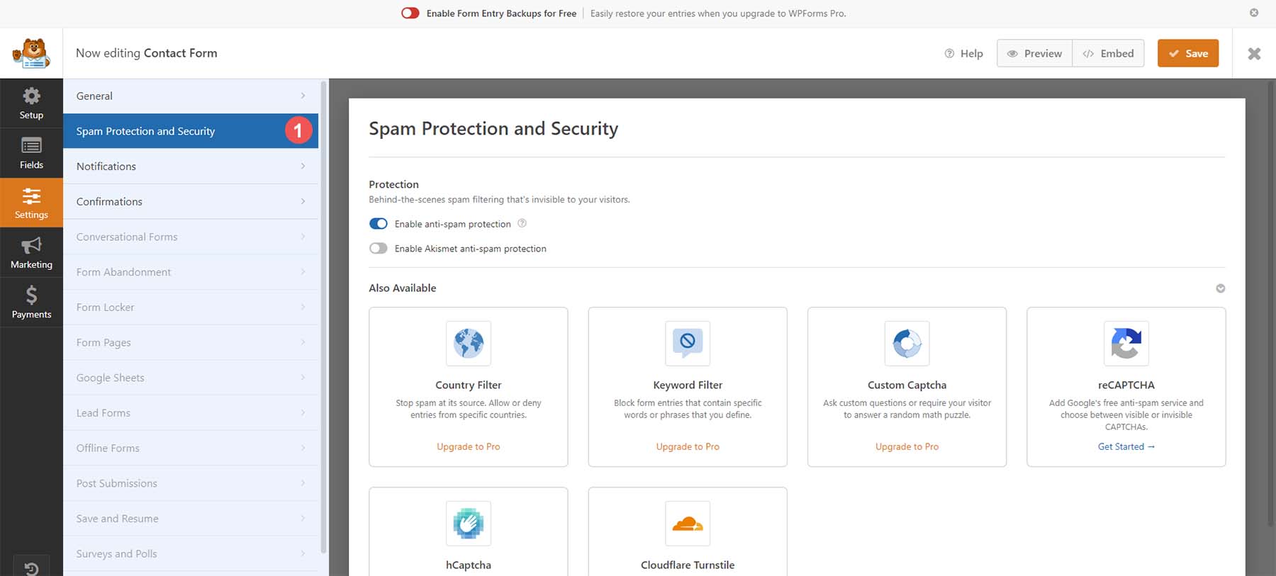 Opciones de protección y spam con WPForms