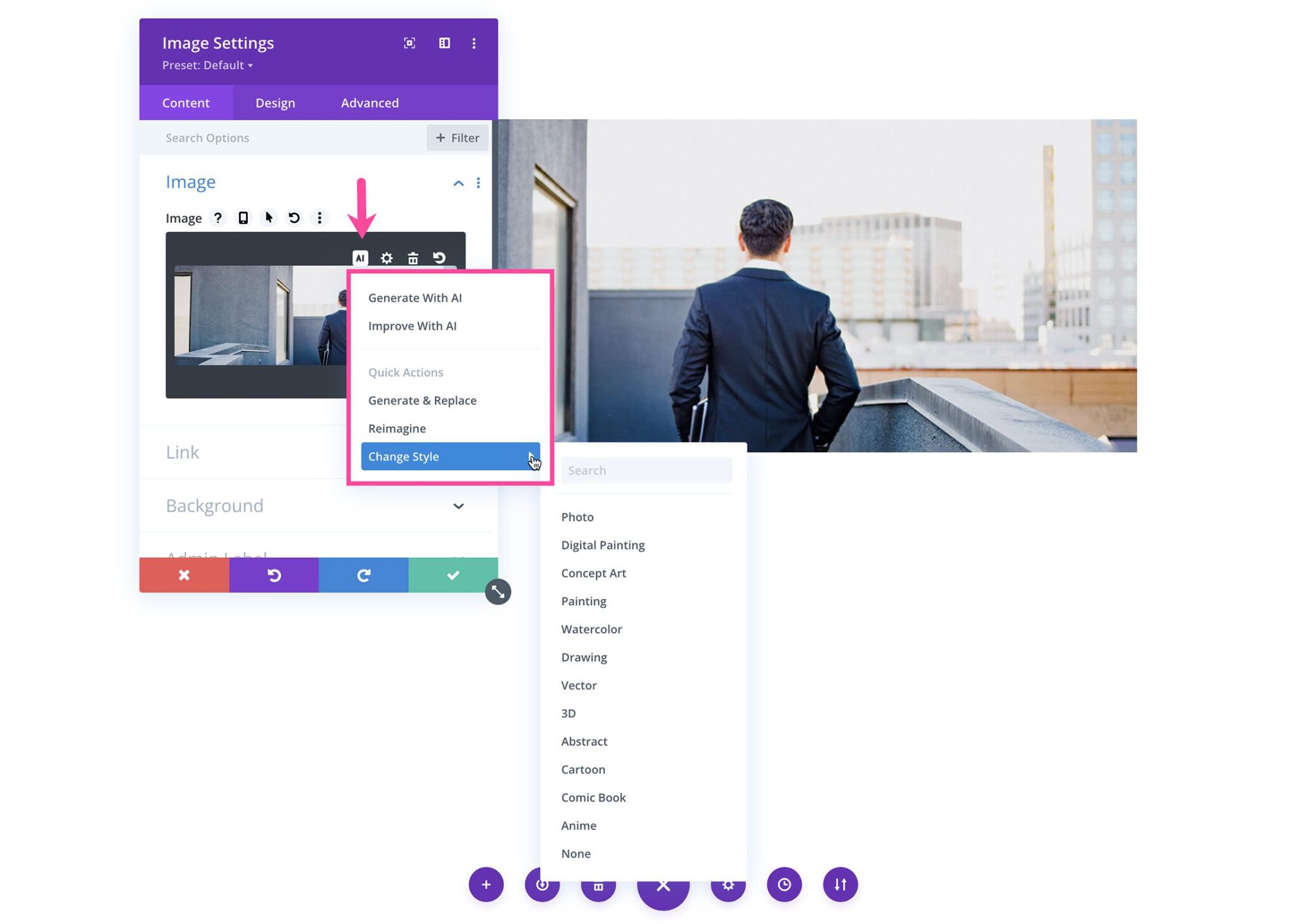 Divi AI cambia estilos de imagen