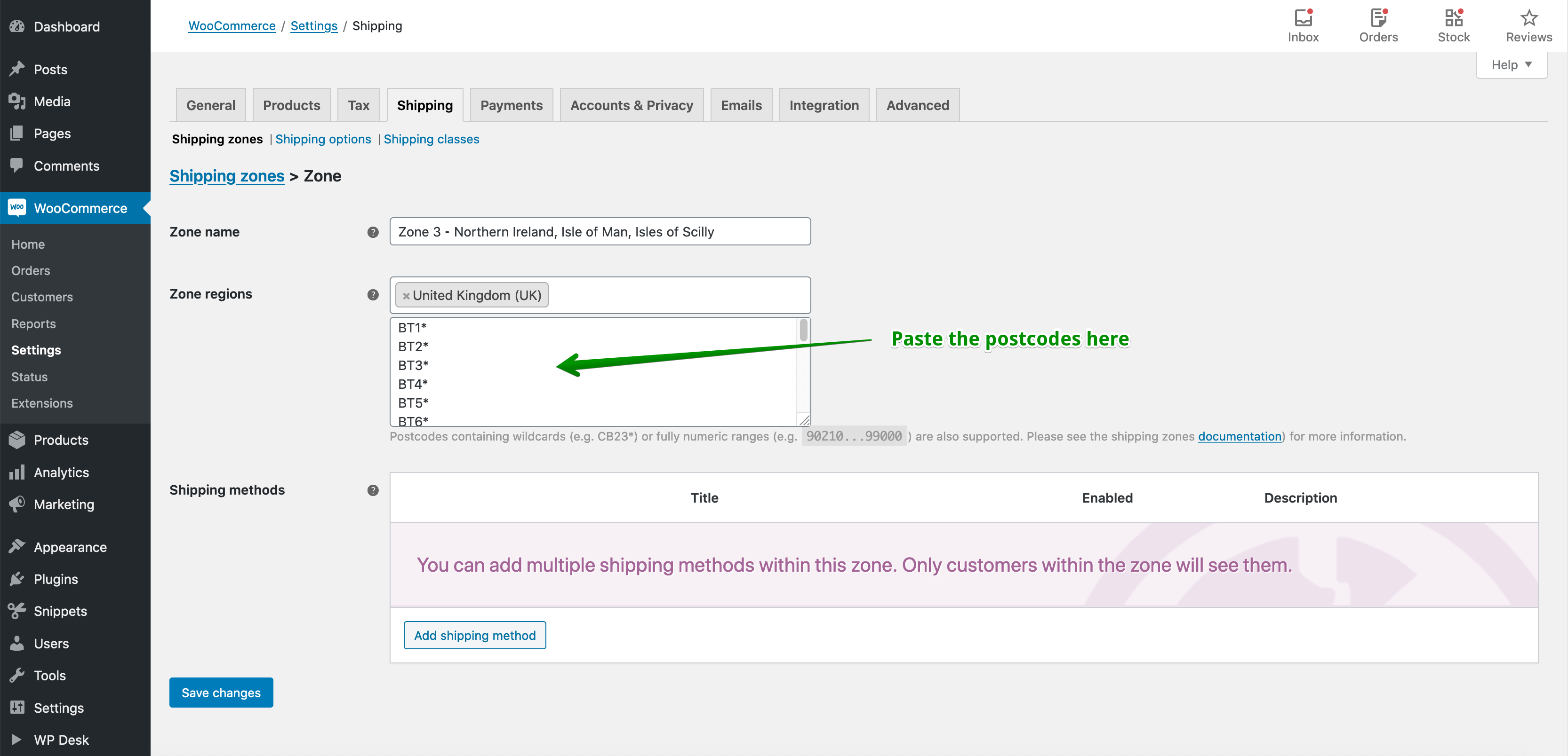 Configuración de zonas de envío del Reino Unido: pegado de códigos postales