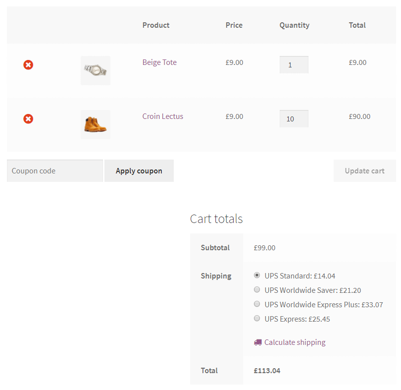 Cálculo en vivo de UPS en WooCommerce: página del carrito (captura de pantalla)