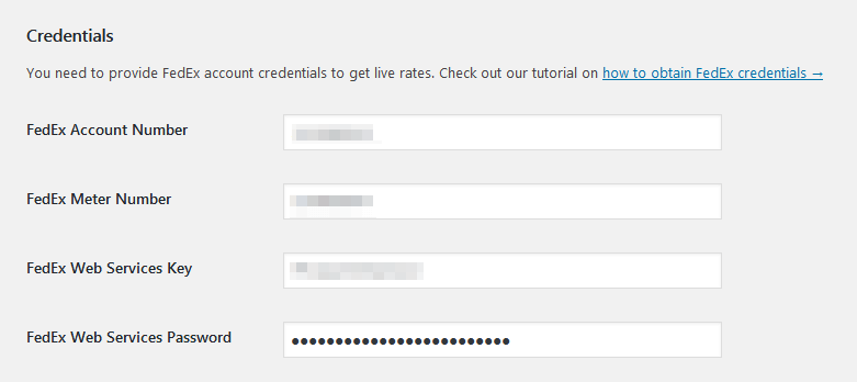 Credenciales de configuración de envío de FedEx de WooCommerce