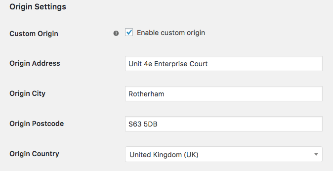 Plugin WooCommerce UPS: configuración de origen (captura de pantalla)