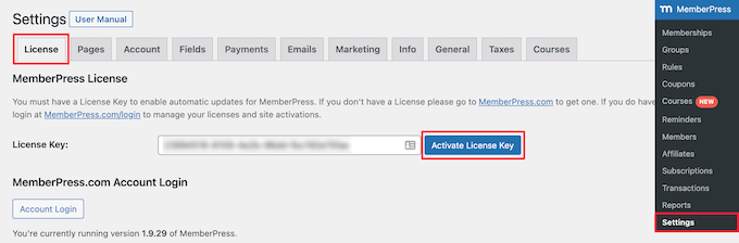 Ingrese la clave de licencia de MemberPress