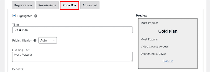 Personalize a tabela de preços do plano