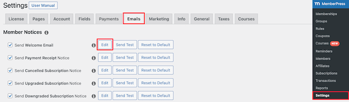 Configurações de e-mail do MemberPress