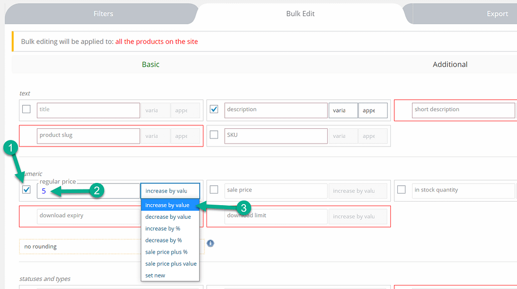 aumento no valor da edição em massa de produtos WooCommerce