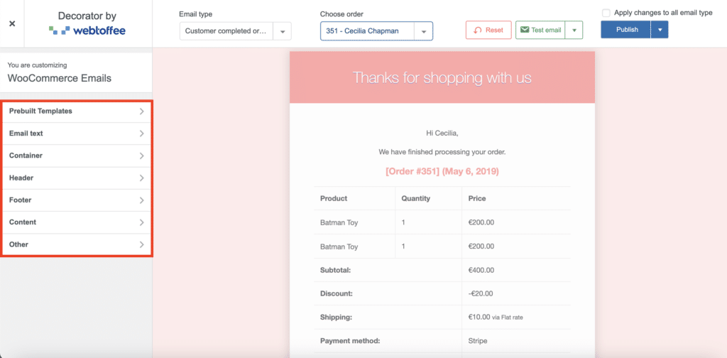 Opções de personalização do plug-in Decorator