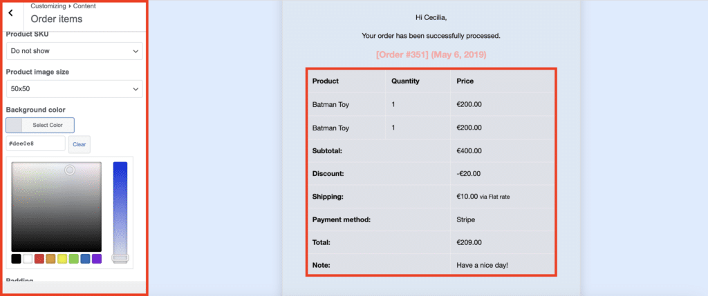 Personalización de elementos del orden de contenido