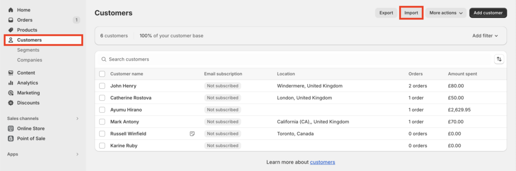 Herramienta de importación predeterminada en Shopify