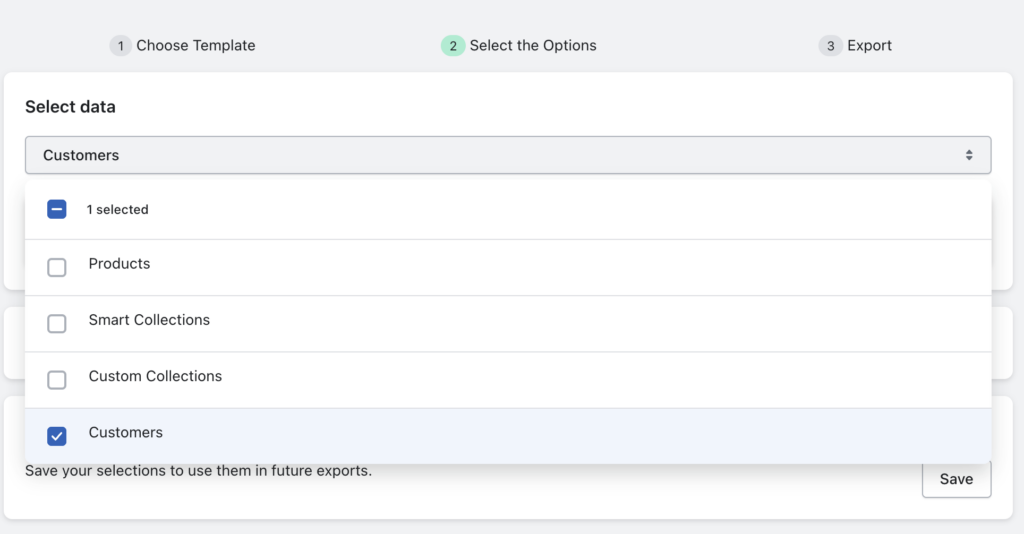 Seleccione clientes como tipo de datos para exportar