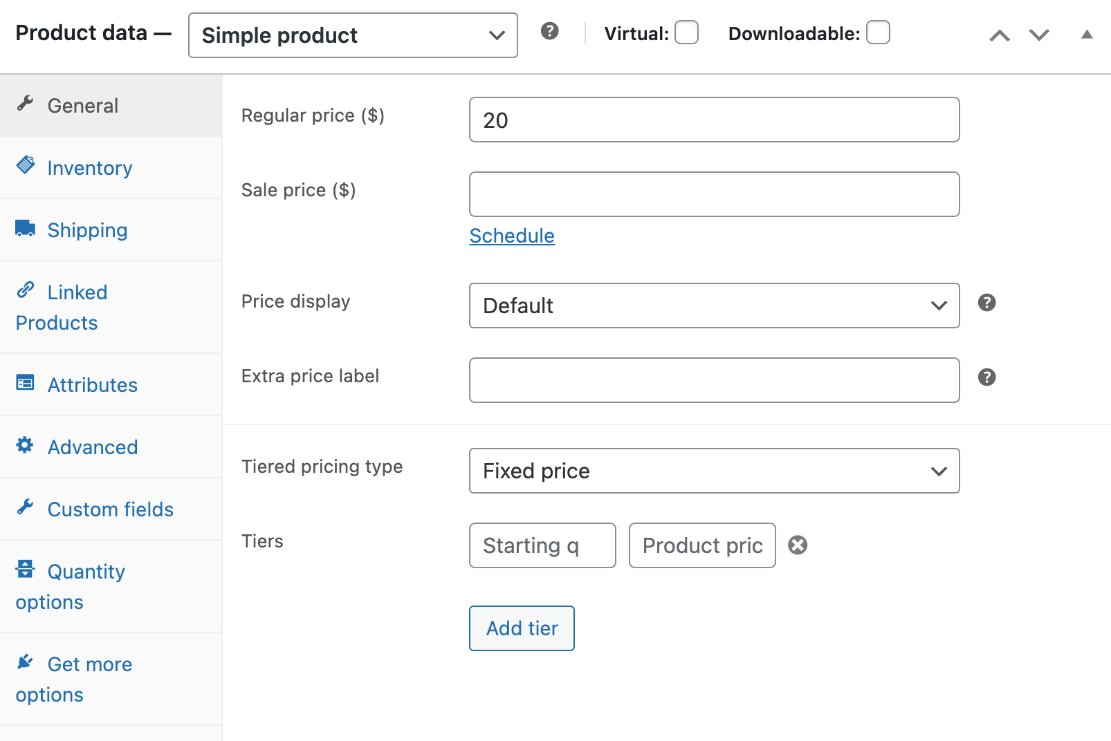 Pestaña general para un producto simple en WooCommerce