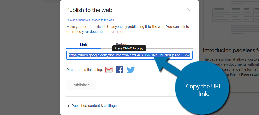 Copie el enlace URL para insertar Google Docs en WordPress